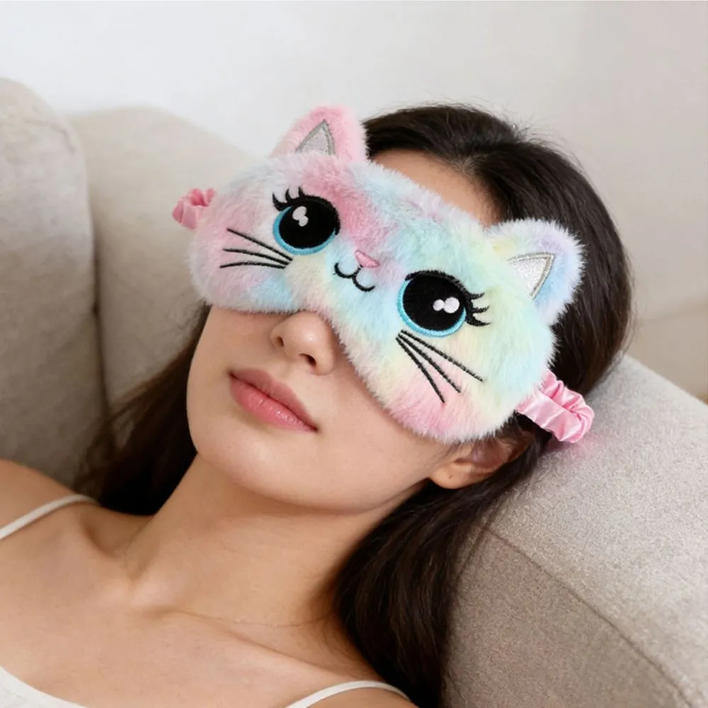 Plush Cat Embroidery Sleep Mask – Soft Cute Cartoon Eye Mask for Sleeping, Light Blocking Breathable Blindfold, Comfy Eye Cover for Travel, Nap, Gift for Women Girls